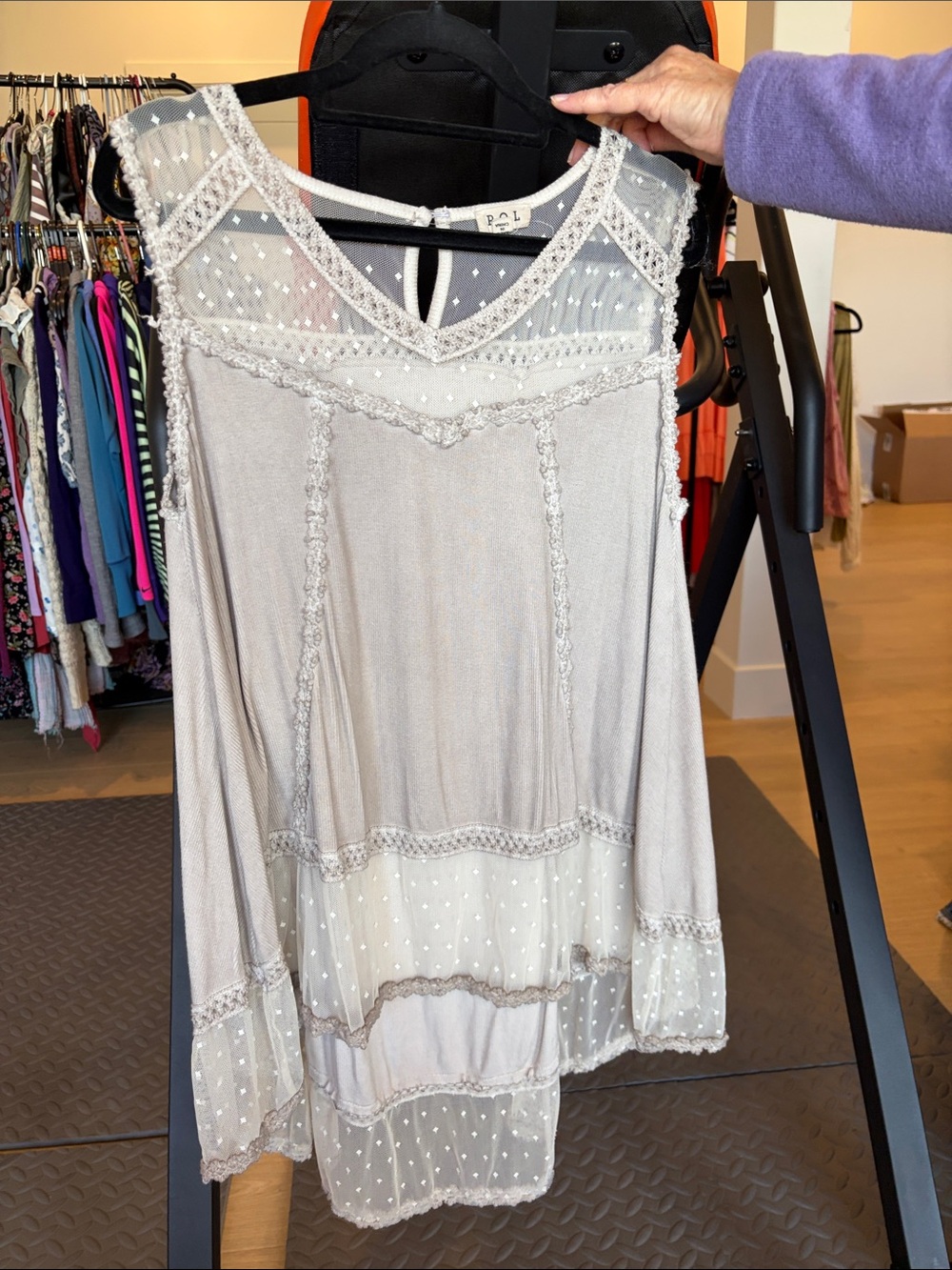 POL Sheer Dot Trim Sleeveless Tunic in Taupe